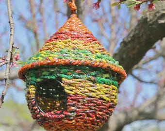Sunny Garden Birdhouse - Eco-friendly - handcrafted from wire and recycled snack wrappers.