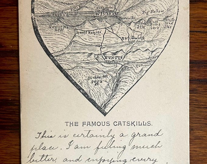 Vintage Catskill Mountains Postcard with Heart - Unique and Rare - The Famous Catskills - 1908