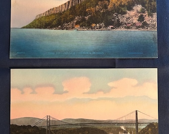 Bear Mountain Bridge and The Palisades -  Set of Two Vintage Hand colored Albertype Postcards - Hudson River - Brooklyn NY