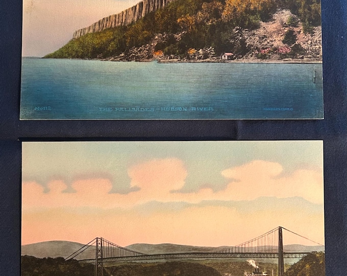 Bear Mountain Bridge and The Palisades -  Set of Two Vintage Hand colored Albertype Postcards - Hudson River - Brooklyn NY