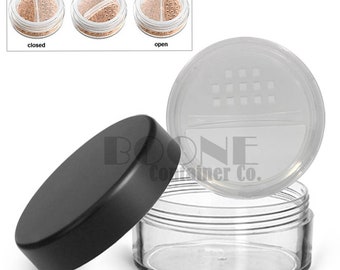 Empty 20g, 20ml Clear Cosmetic Refillable Makeup Jar Black Matte Top w/ Twist Rotating Closable Sifter for EyeShadow, Blush Mineral Makeup