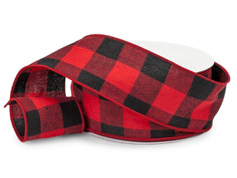 gift wrap black farmhouse ribbon 4 yds Buffalo Plaid Black /& Red Wired Ribbon 2-12 wide cut rustic ribbon Christmas decor