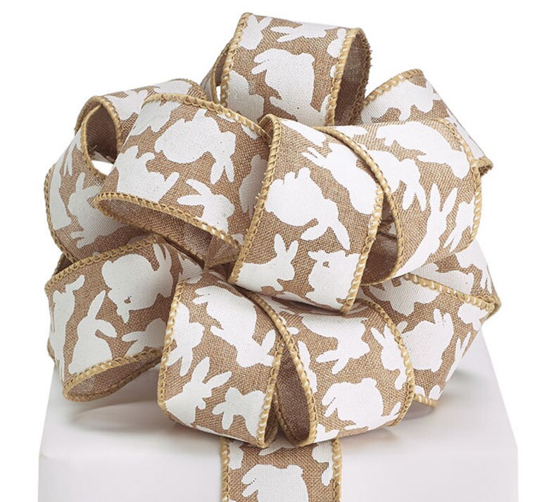 5 Yards Ribbon gift wrapping wreaths vintage style 1.5 White Bunny on Tan 1 12 wide ribbon wedding farmhouse decor Ribbon