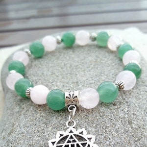 &quot;Heart chakra&quot; bracelet, rose quartz, green aventurine and Anahata medal, lithotherapy