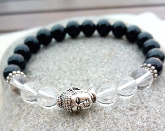 Bracelet "Union" obsidian, rock crystal and Buddha pearl, lithotherapy