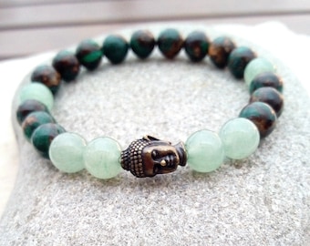 Bracelet "Appeasement" golden malachite, green aventurine and bronze Buddha pearl, lithotherapy