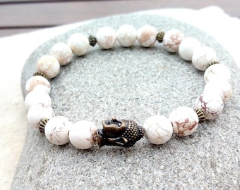 Harmony bracelet, white imperial jasper, bronze Buddha bead, lithotherapy