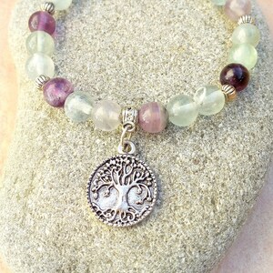 Concentration bracelet, 8 mm fluorite, tree of life medal, approximately 18 cm, lithotherapy image 2