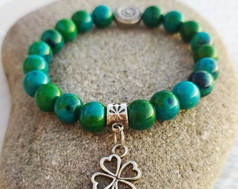 "Lucky door" bracelet, chrysocolle, aged silver pearl and 4-leaf clover medal, lithotherapy