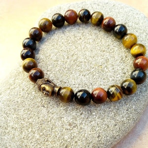 Force bracelet, multicolored tiger eye, bronze Buddha bead image 4