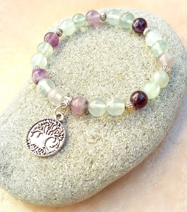 Concentration bracelet, 8 mm fluorite, tree of life medal, approximately 18 cm, lithotherapy image 3