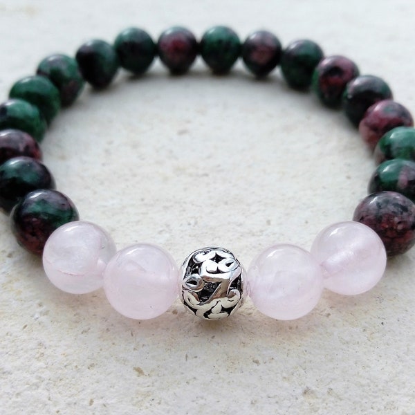 Bracelet "Vert Emeraude" : jade vert et rose, quartz rose, perle argent tibétain, lithothérapie