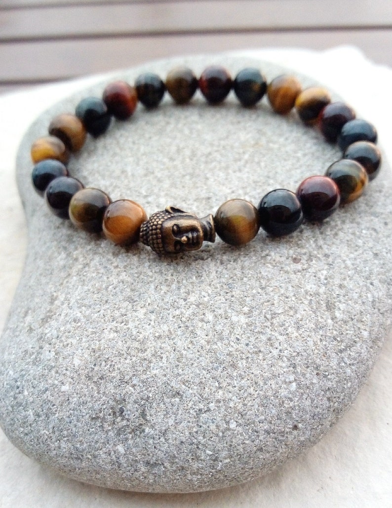 Force bracelet, multicolored tiger eye, bronze Buddha bead image 1