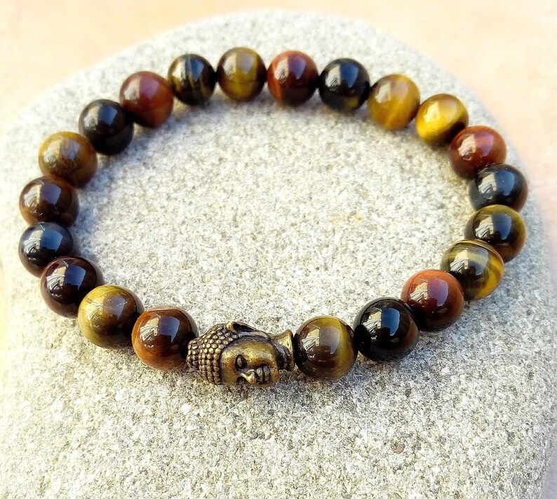 Force bracelet, multicolored tiger eye, bronze Buddha bead image 2