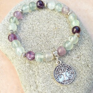 Concentration bracelet, 8 mm fluorite, tree of life medal, approximately 18 cm, lithotherapy image 4