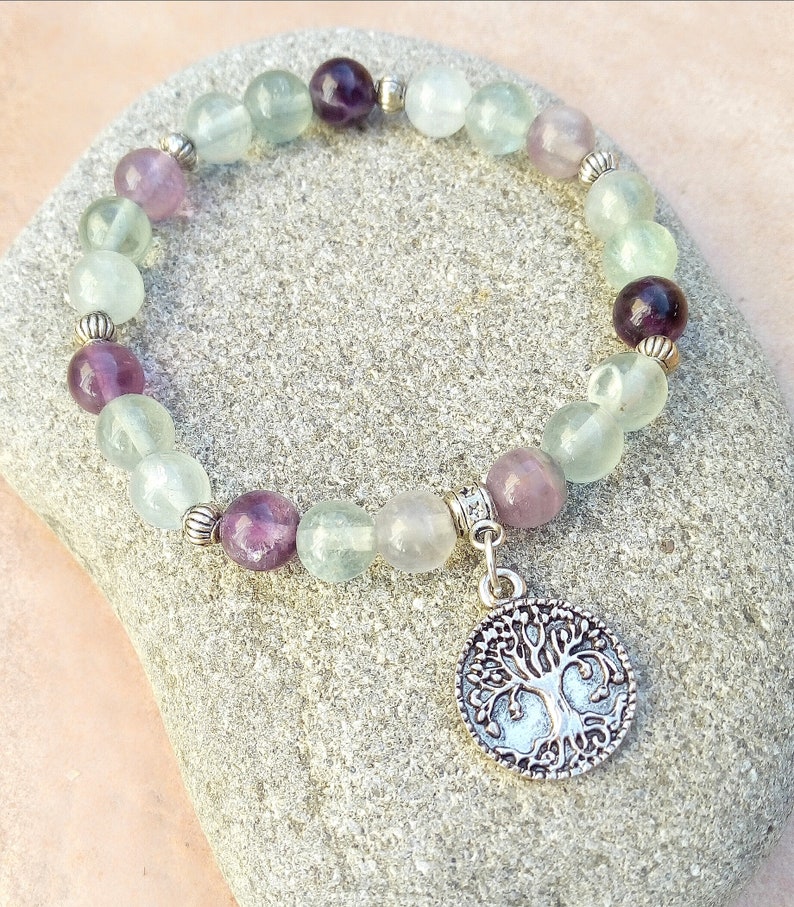 Concentration bracelet, 8 mm fluorite, tree of life medal, approximately 18 cm, lithotherapy image 4