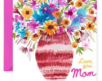 Pretty Floral Mother's Day Card, Flowers in Vase for Mom, Happy Mothers Day Card with Personal Message, Love You Mom