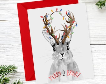 Jackalope Card, Christmas Card Sets, Holiday Cards Pack, Funny Christmas Cards, Rabbit Illustration, Bulk Xmas Cards, Multi Card Offer