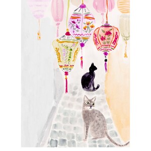 Cats with Chinese Lanterns Watercolor Print