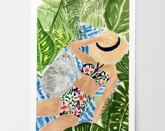 Botanical Print, Cat Artwork, Watercolor Leaves Illustration, Summer Wall Decor, Jungle Poster, Gift for Kitty Lover, Jungle Wall Art