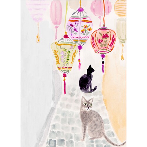 Cats with Chinese Lanterns Watercolor Print