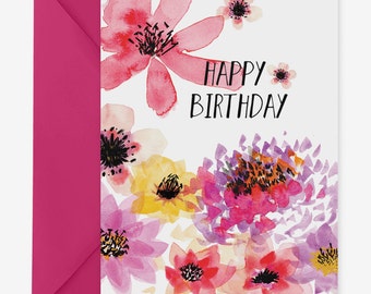 Floral Happy Birthday Card, Handpainted Flowers Greeting, Watercolor Notecard