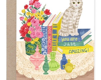 Cat and Vintage Books Thank You Card