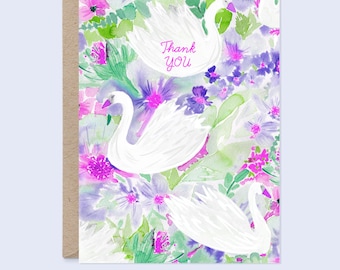 Watercolour Thank You Card | Swans and Flowers | Mini Sized (2.5" x 3.5")