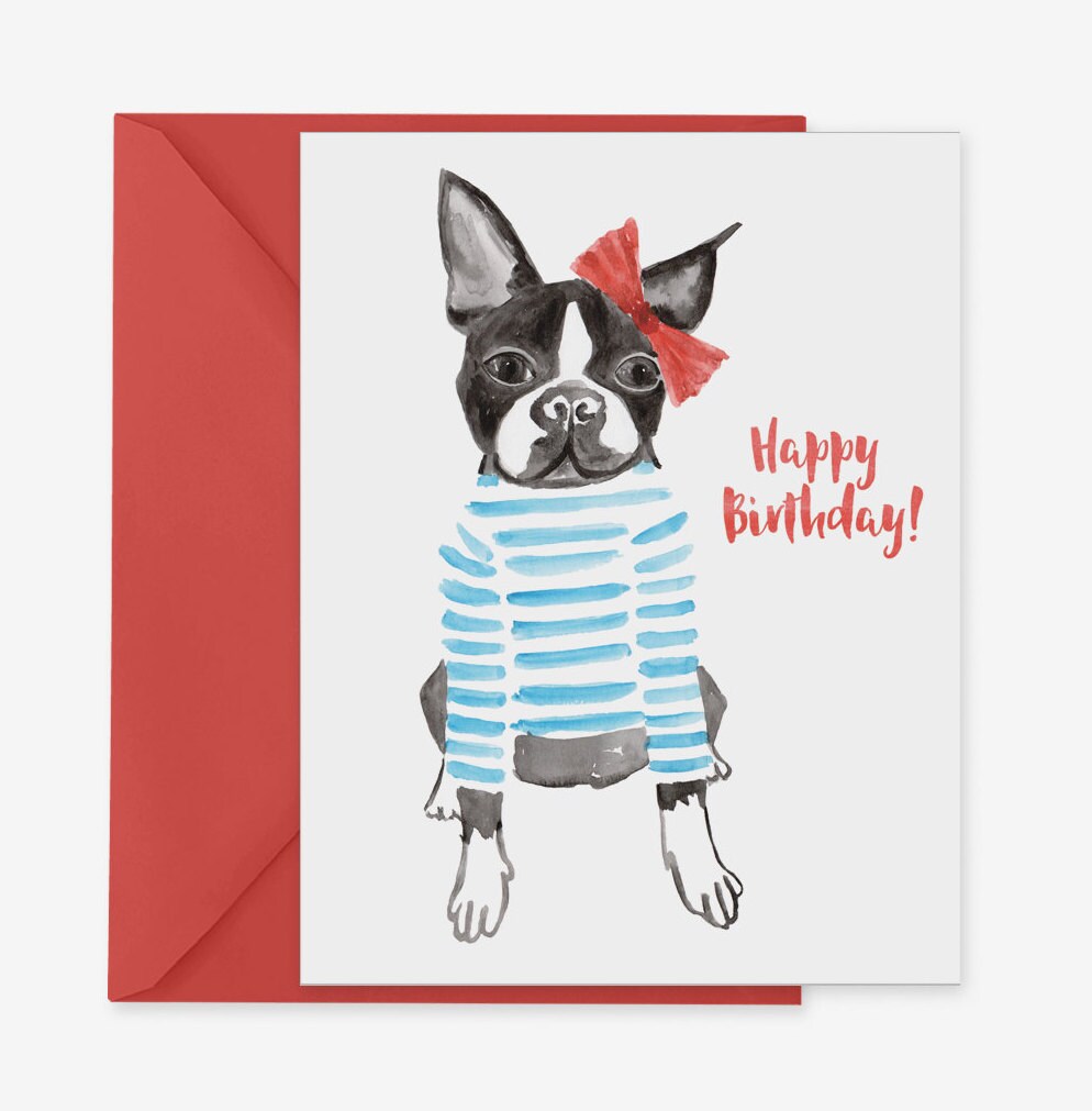 Boston Terrier Card Dog Birthday Card Watercolor Birthday | Etsy