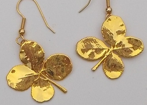 24 Kt Gold Plated Real 4 Leaf Clover Earrings | Etsy