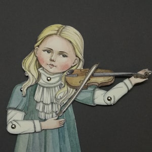 May include: A watercolor illustration of a young girl playing a violin. She has blonde hair and is wearing a teal dress with a white ruffled collar. The violin is brown, and the image is set against a dark background.