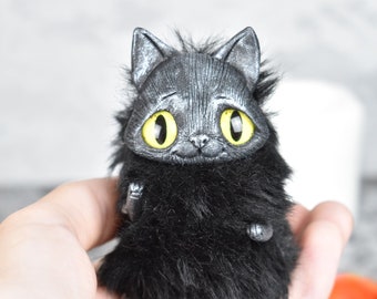 Black Cat Ooak Toy Halloween Sculpture Cat Plush Miniature Horror Doll Cute and Creepy Fantasy Creature Animal