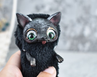 black cat art, black cat ooak, Halloween sculpture, halloween gift toy, cat ooak toy, black cat plush, miniature black cat,