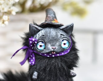 black cat art, black cat ooak, Halloween sculpture, halloween gift toy, cat ooak toy, black cat plush, miniature black cat,