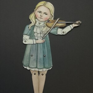 May include: A watercolor illustration of a young girl playing a violin. The girl has blonde hair and is wearing a teal dress with a white ruffled collar. The violin is brown, and the background is dark gray.