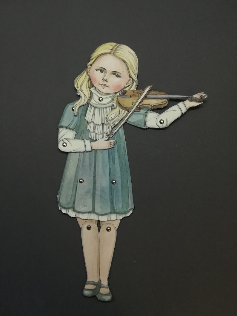 May include: A watercolor illustration of a young girl playing a violin. The girl has blonde hair and is wearing a teal dress with a white ruffled collar. The violin is brown, and the background is dark gray.