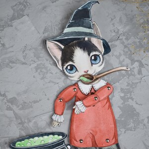 May include: A black and white cat wearing a witch's hat and red dress stirs a cauldron of green potion with a wooden spoon.