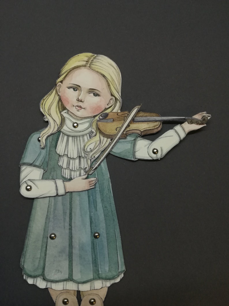 May include: A watercolor illustration of a young girl playing a violin. She has blonde hair and is wearing a teal dress with a white ruffled collar. The violin is brown, and the image is set against a dark background.