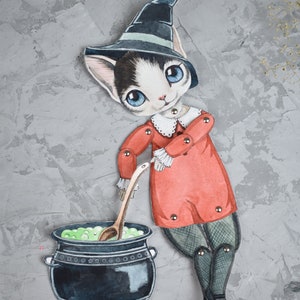 May include: A black and white cat wearing a witch's hat and red dress stirs a green potion in a black cauldron with a wooden spoon.