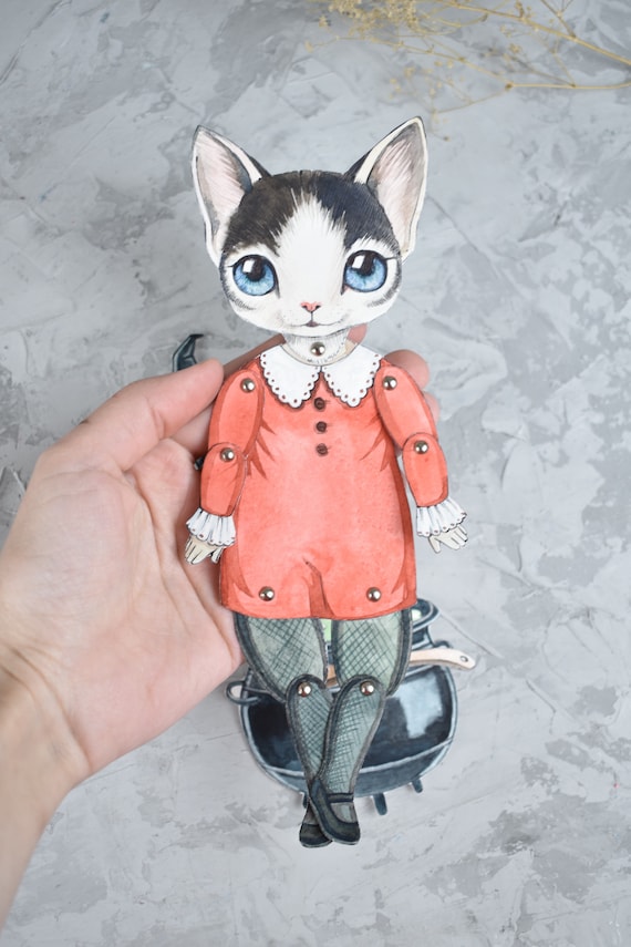 Paper black cat, witch, kitty toys, fantasy crafts, paper dolls download, paper dolls digital, digital prints, instant download,