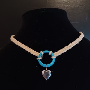 Braided Choker - Natural Hemp, Turquoise Ring, Hematite Heart Pendant