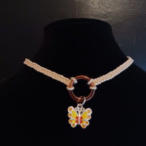 Braided Choker - natural hemp, agate ring, enamel butterfly pendant