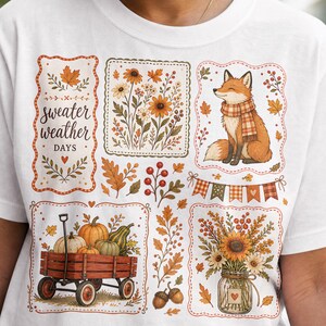 PNG Rustik höstdagar Patchwork skjorta design png Räv i halsduk Vildblommor Röd vagn Höst Sublimering png Mysig T-shirt png Tygväska png
