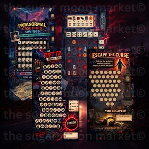 May include: A collection of themed savings challenges with a paranormal theme. The designs include text such as "Paranormal Case Files Savings", "The Rift TR Savings Challenge", and "Escape the Curse". The color palette is dark with lightning and a sunset.