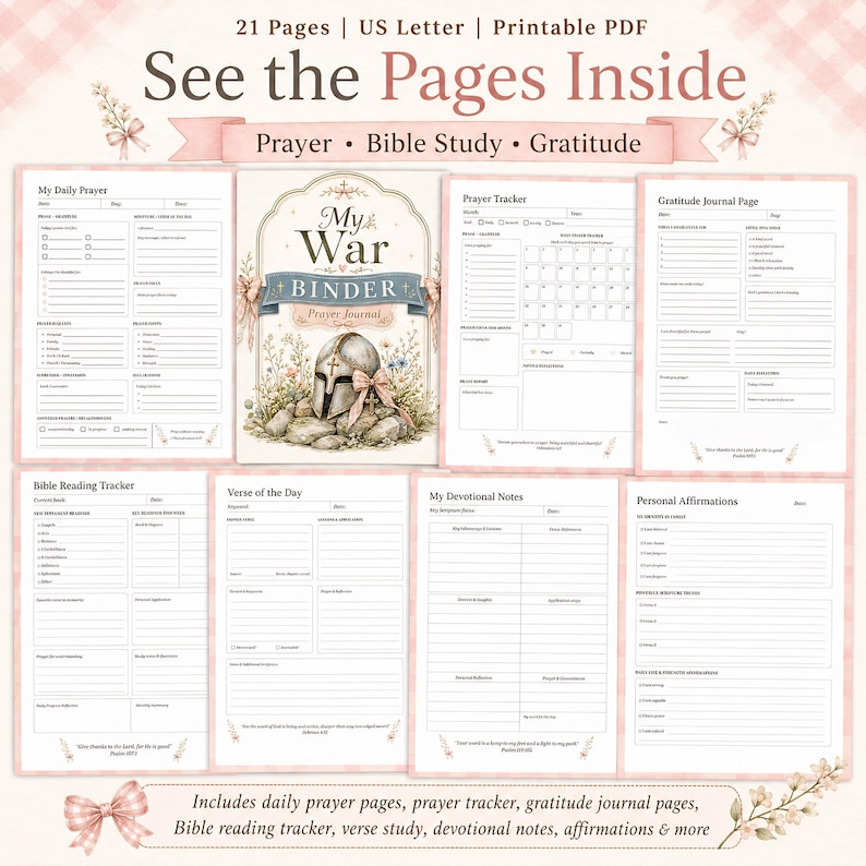 May include: A printable PDF planner with the title "My War Binder Prayer Journal." The pages include sections for prayer, Bible study, and gratitude. The design features floral accents and the text "See the Pages Inside."