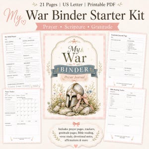 May include: A printable PDF "My War Binder Starter Kit" with 21 pages, US Letter size. The cover features a helmet, cross, and floral accents. Includes prayer pages, trackers, gratitude pages, Bible reading, and more.