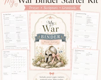 May include: A printable PDF "My War Binder Starter Kit" with 21 pages, US Letter size. The cover features a helmet, cross, and floral accents. Includes prayer pages, trackers, gratitude pages, Bible reading, and more.