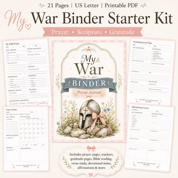 War Binder Starter Kit Prayer Journal PDF Bible Study Planner Printable Prayer Binder Gratitude Devotional Pages Faith Worksheets for Women