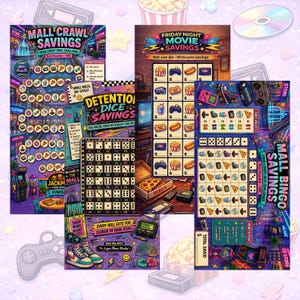 90s Savings Challenge Bundle Cash Stuffing Printable Dice Roll and Save Budget Game Mall Bingo Money Tracker Movie Night Savings