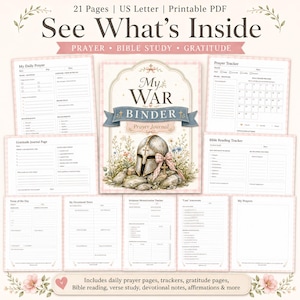 May include: A printable PDF prayer journal with 21 pages, US Letter size. The cover features a watercolor illustration of a helmet and cross. Includes daily prayer pages, trackers, gratitude pages, Bible reading, and devotional notes.